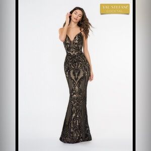 Val Stefani Black and Gold Prom Dress